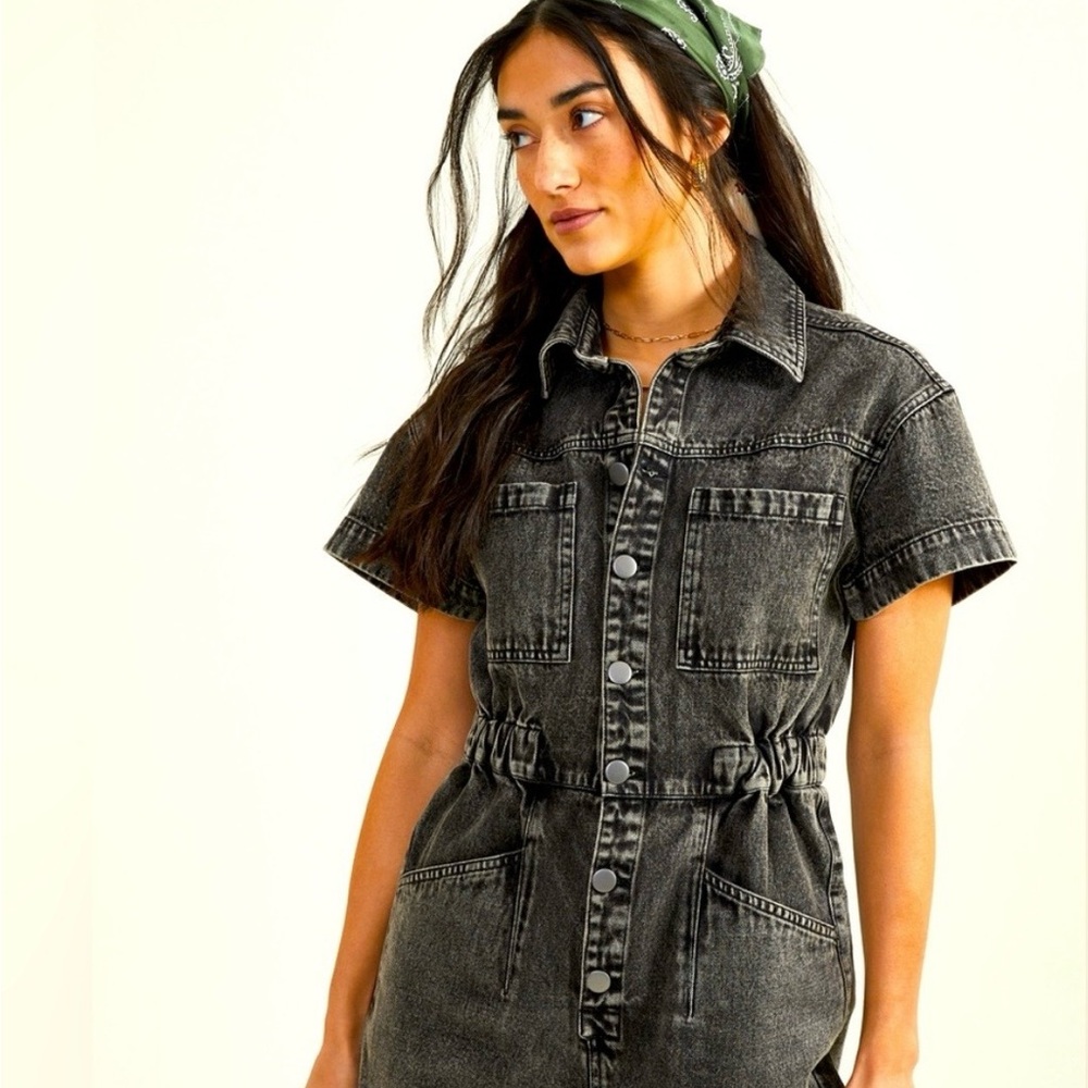 Altar'd State Washed Black Short-Sleeve Denim Overalls